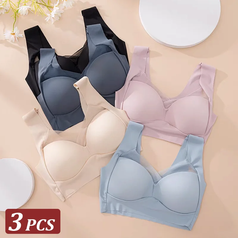 3PCS Women Lace Sport Bras Plus Size Seamless Bra Bralette Backless Lady Brassiere Vest Female Gather Shock-Proof Wireless L-3XL