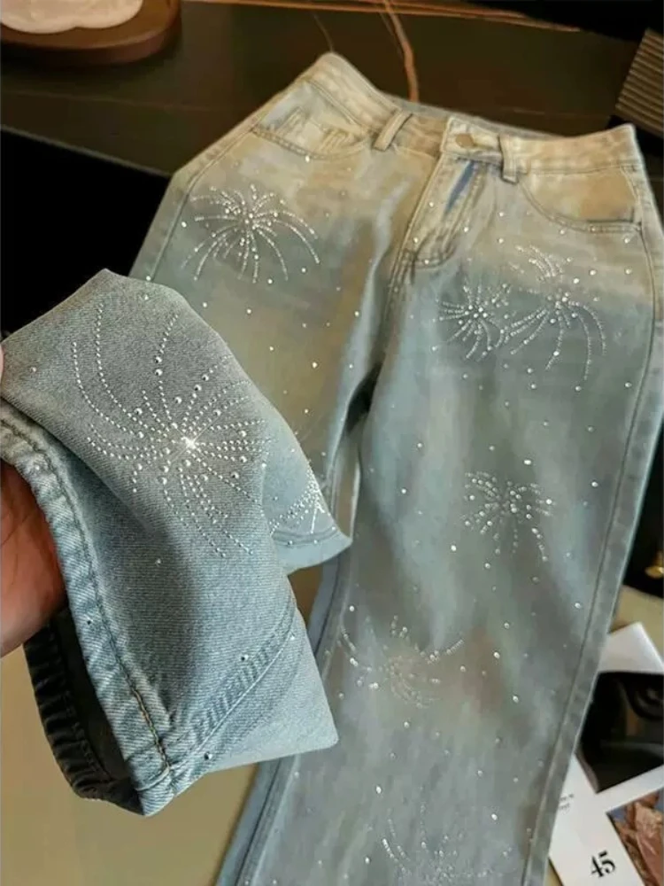 Jeans Light Color Sparkling Firework Rhinestone Summer 2026 New High Waist Washed Straight Fit Versatile Wide Leg Chic Pants