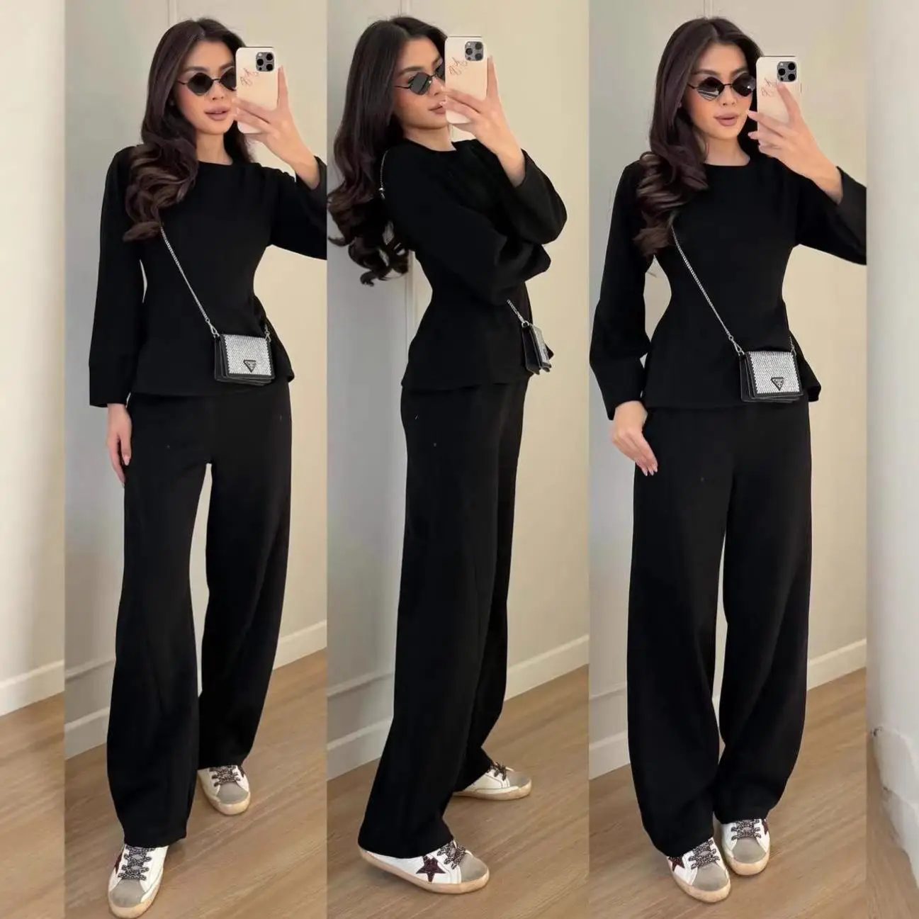 Casual Fashion Long Sleeve Wide Leg Pants Sporty Pocket Detail Simple Design Women's Cross-Border Apparel 2026 Style