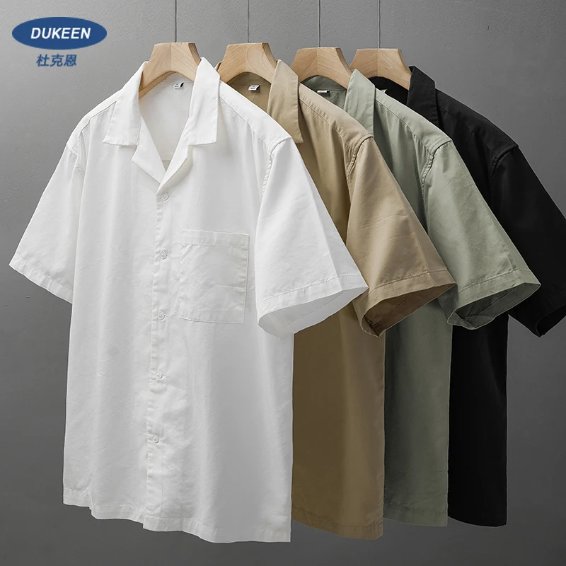 DUKEEN Retro Camp Collar Shirts for Men Summer New Fashion Solid Color Tops Casual White Shorts Sleeve Shirts Men's Clothing