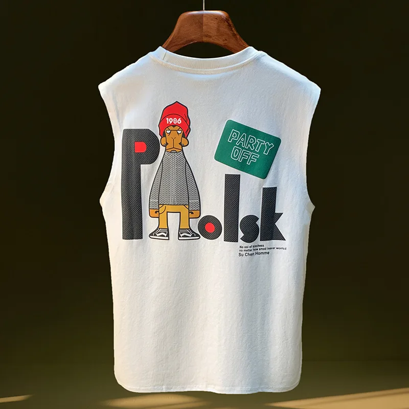 

Summer vest men's trendy printed off shoulder sleeveless T-shirt 2025 new loose, sweat absorbing, breathable sportswear