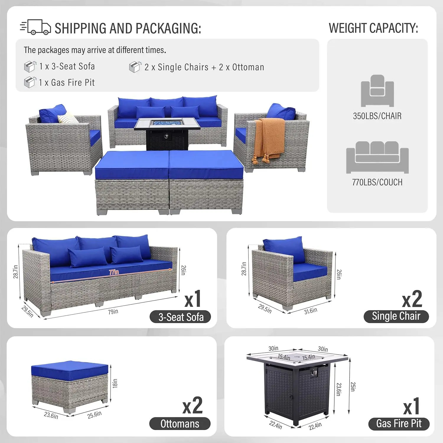 Outdoor Wicker Patio Furniture Set, PE Rattan Sofá Sofá com mesa, Varanda Móveis, Grey Set, 6 Pcs