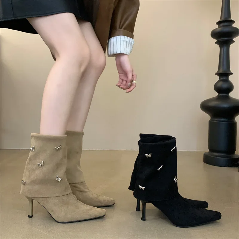 Botas de tornozelo para mulheres, decoração de metal, salto alto, botas de mulheres aconchegantes, design de luxo, moda, outono, inverno