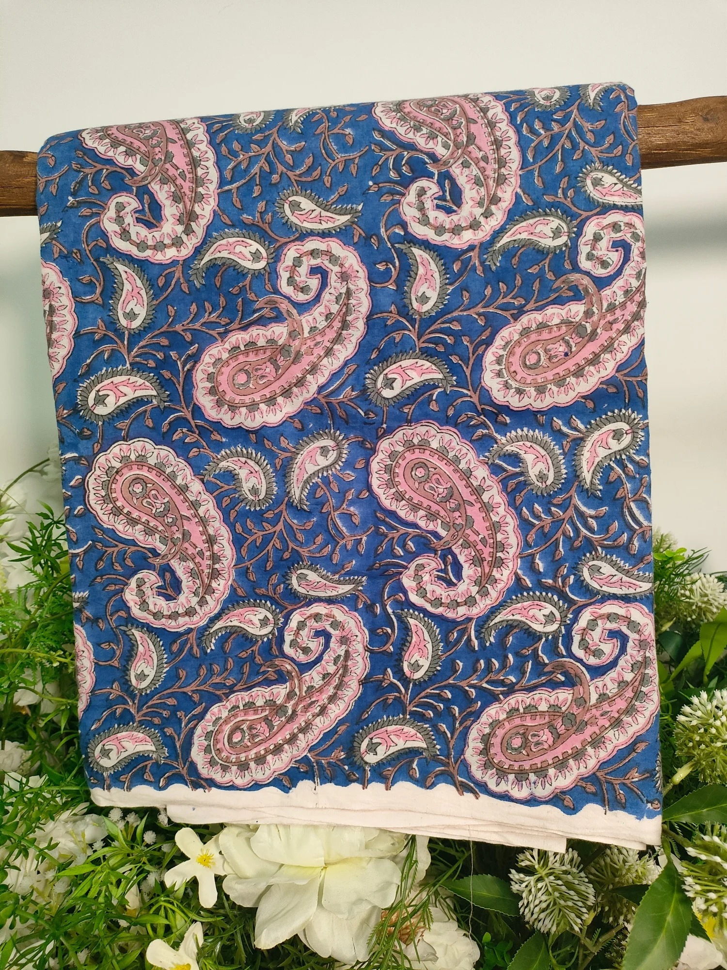 

Sustainable Hand stamped Indian Block Prin cotton Fabric Blue Peace paisley pattern Fabric sewing and quilt
