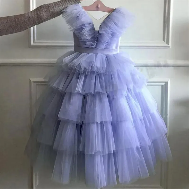 Lilac Puffy Tulle Flower Girl Dresses Long Length Birthday Costumes Wedding Party Gown Custom Made