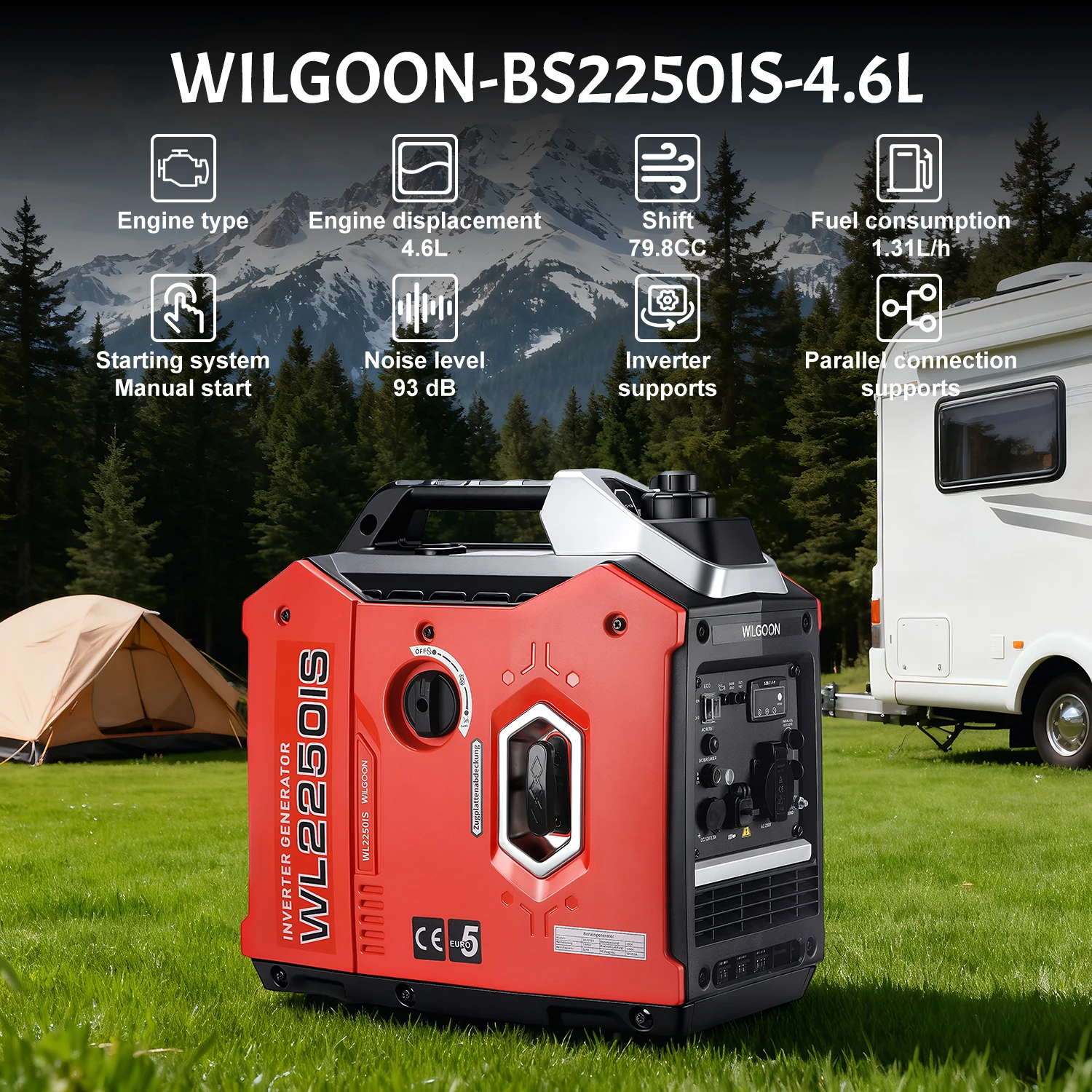 Eéncilinder viertakt luchtgekoelde benzinegenerator, draagbaar voor kamperen en campers, 2000W, stiller, 80cc cilinderinhoud
