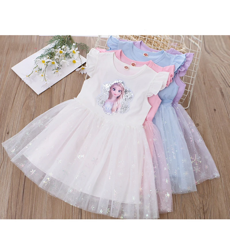 Shimmering Sequined Frozen Elsa Dress for Girls Cartoon Frock Summer Adorable Casual Soft Robe Kids Princess Comfortable Clothes