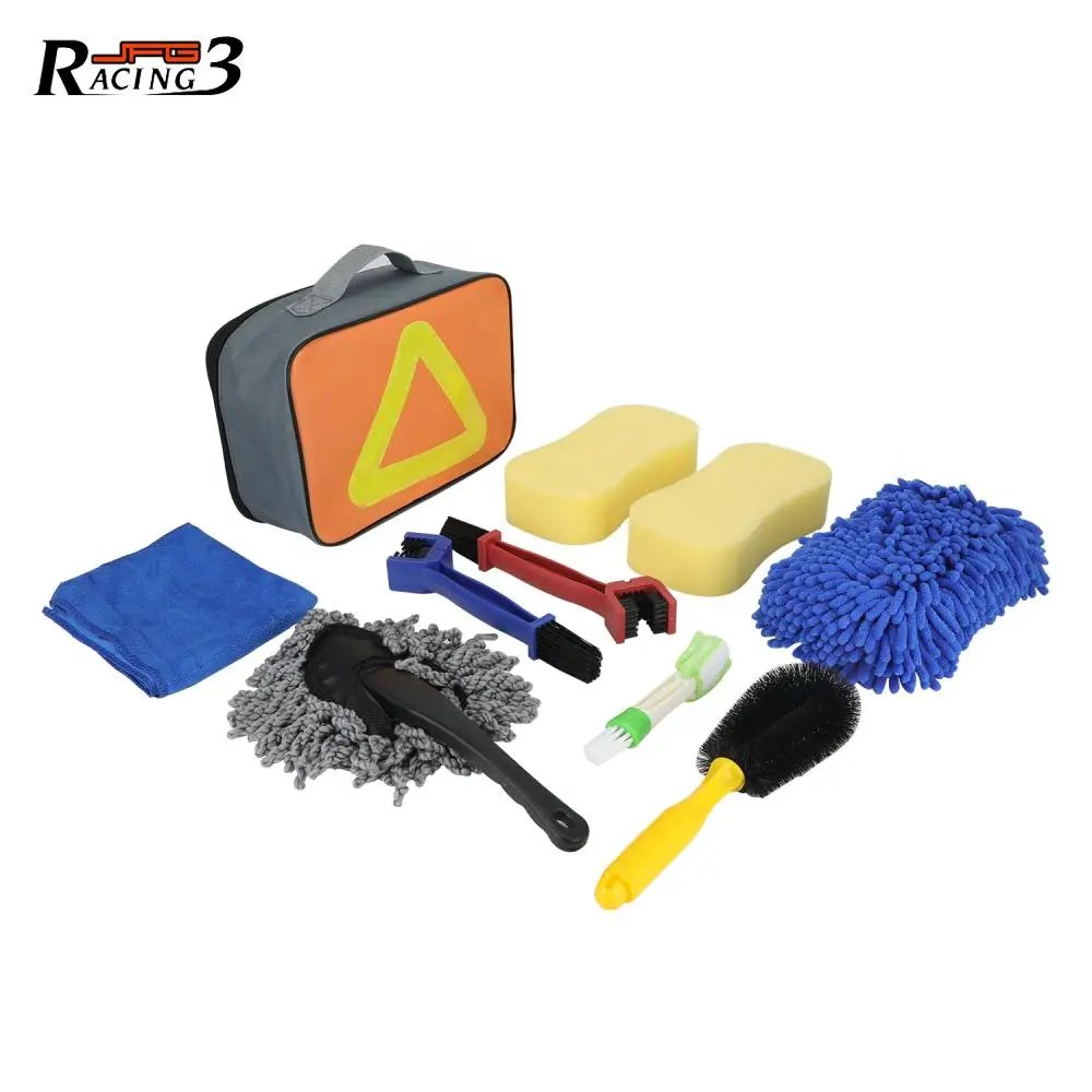 

Motorcycle Cleaning Set Easy Reach Brush Stiff Tire Brush Detailing Brush Large Sponge Microfiber Drying Towel Chain Brush Bag