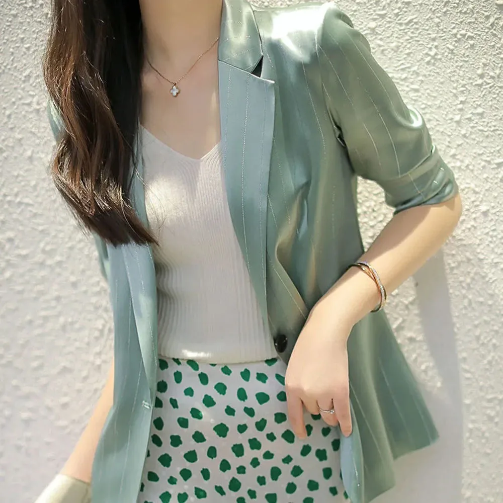 Fashion Shiny Silk Stripe Suit Jacket For Women Summer 3/4 Sleeves Mint Green Coat Thin Female Casual Acetic Acid Elegant Blazer