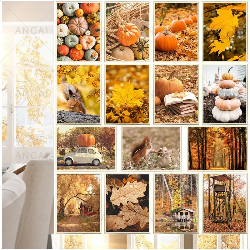 (No frame)Decoración de otoño, pintura en lienzo, póster, hojas amarillas, vista de caída, arte de pared impreso, calabaza, i