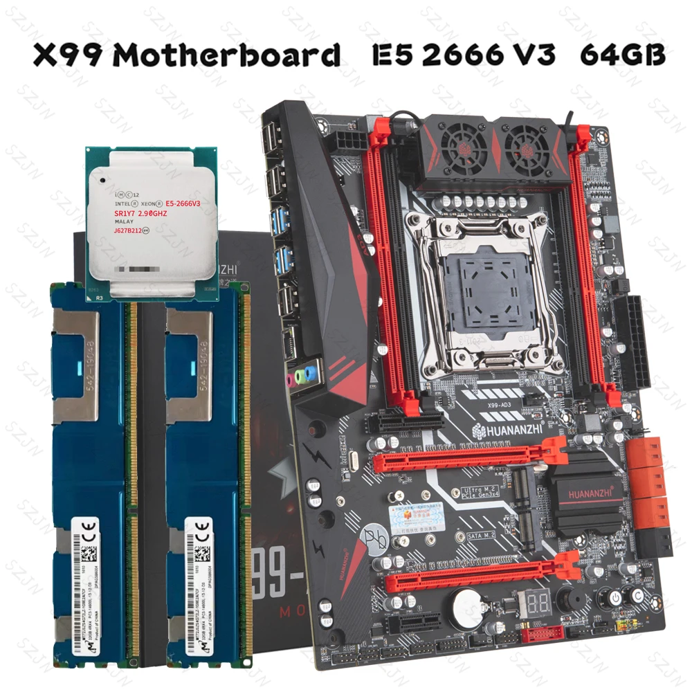 HUANANZHI X99 AD3 Motherboard Combo LGA 2011-3 With E5 2666V3 64GB DDR3 RECC Memory supports M2 NVME Workstation