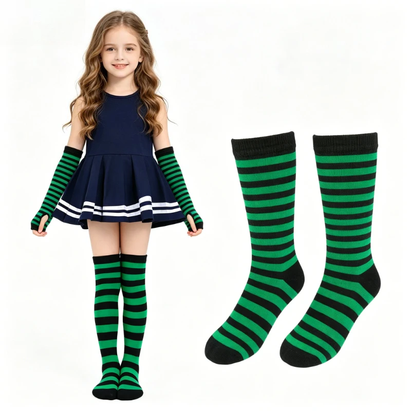 2PC Kids Striped Knitted Fingerless Arm Sleeves + Knee High Socks Set,Children Dance Wear Arm Sleeves and Long Socks Combination