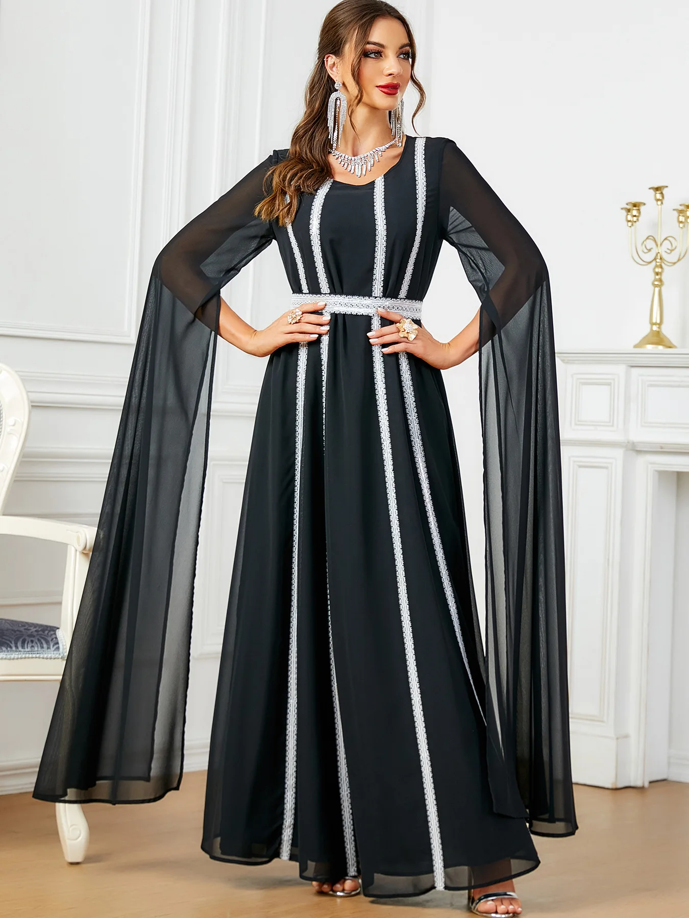 

Chiffon Abayas for Elegant Women Dubai Muslim Evening Dress Kaftan Djellaba Extra Long Sleeve Party Gown Marocain Femme Vestidos