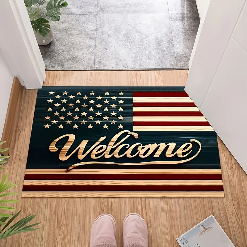 VIKAMA Wooden Grain American Flag Welcome Doormat Vintage USA Star Stripe Patriotic Non Slip Absorbent Front Entry Floor Mat