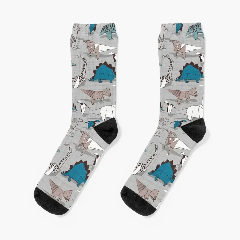 

Origami dino friends // grey linen texture background blue white and beige dinosaurs Socks cycling Man Socks Women's