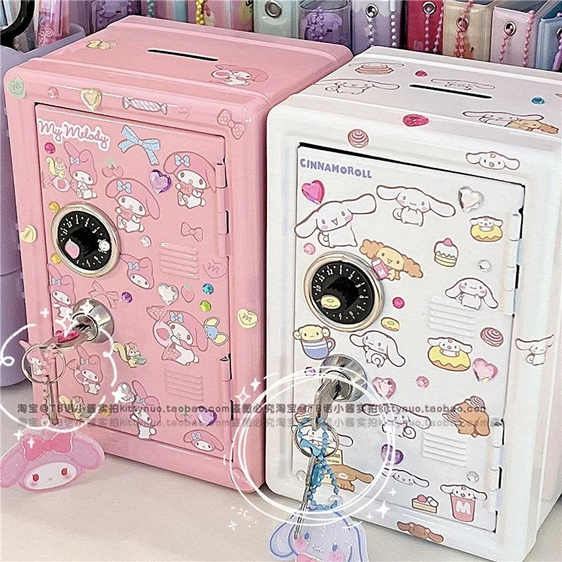 New Sanrio Cute Kawaii My Melody Cinnamoroll Wrought Iron Safe Piggy Bank Anime Girl Heart Cute Sticker Storage Key Cabinet Gift