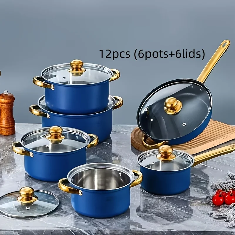 Juego de utensilios de cocina de acero inoxidable de alta resistencia de 12 piezas con revestimiento antiadherente y tapas — 6 ollas + 6 tapas, compatible con inducción, apto para horno, listo para usar en campamentos, para cocinar al aire libre, picnics, barbacoas y uso en caravanas.