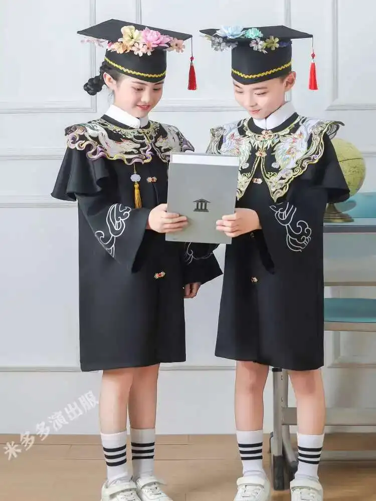 

New Chinese Style Doctor's Uniform Kindergarten Graduate Ceremonial Dress Children Hairpin With Flower Decoration Academic Dress