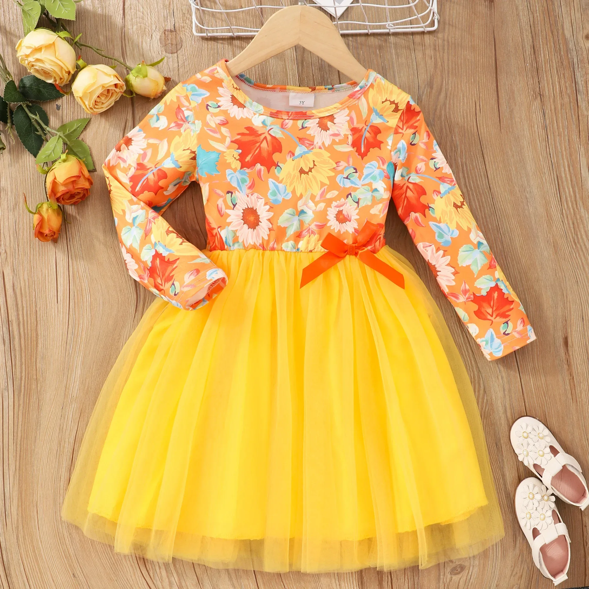 2024 Halloween Girls Dresses Winter New Long Sleeve Pumpkin Collar Floral Ruffles Cute Kids Lace Party Wear Clothing