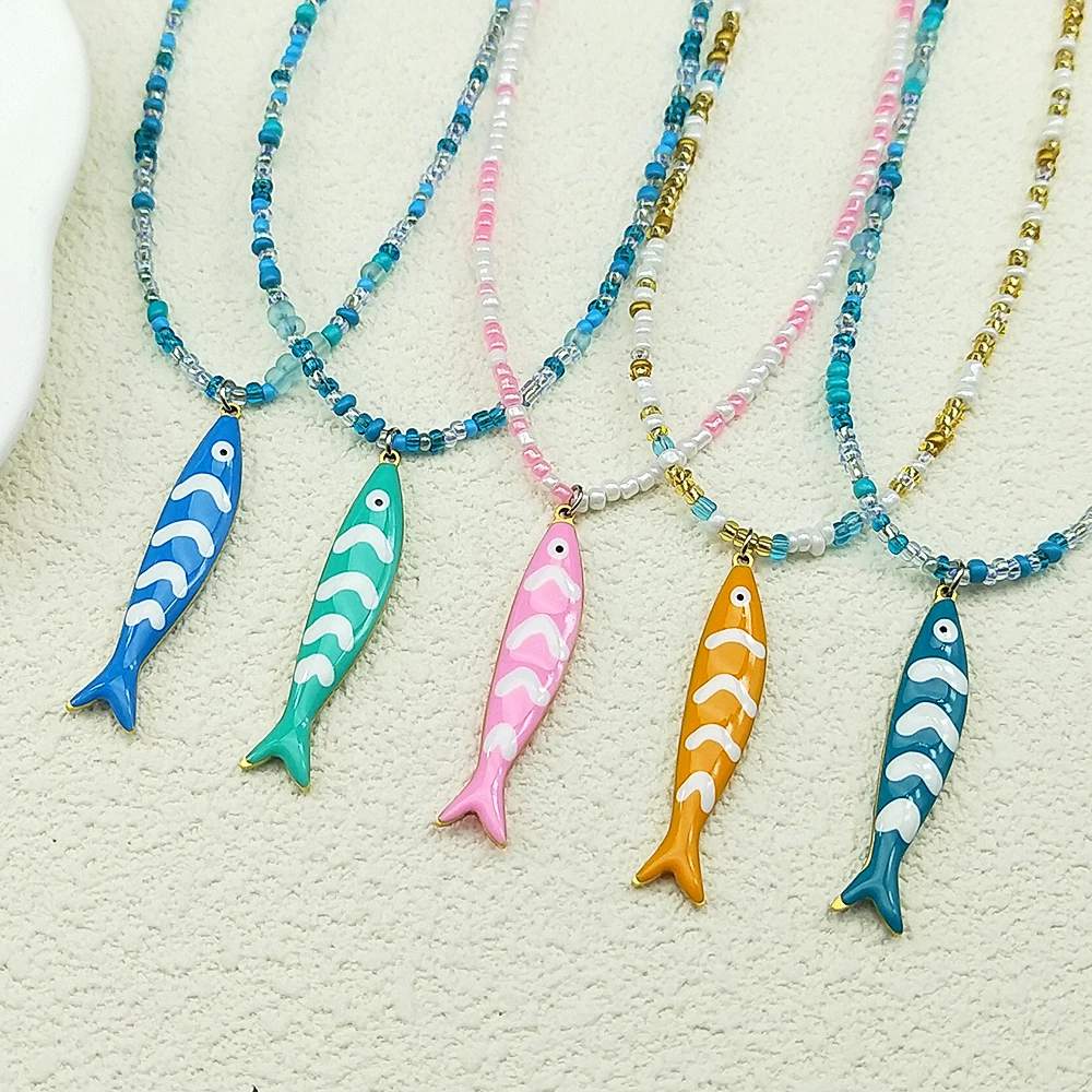 Bunte Fisch Anhänger Halskette für Frauen Mädchen handgemachte gewebte Perlen Dopamin Farbe Meer Party Sommer Mode Kette Halsband Schmuck – Detail 8