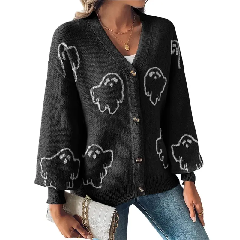 

CYL-Women's Knit Long Sleeve Open Front Cardigan V-Neck Button Down Embroidery Sweater Coat Outwear Black L