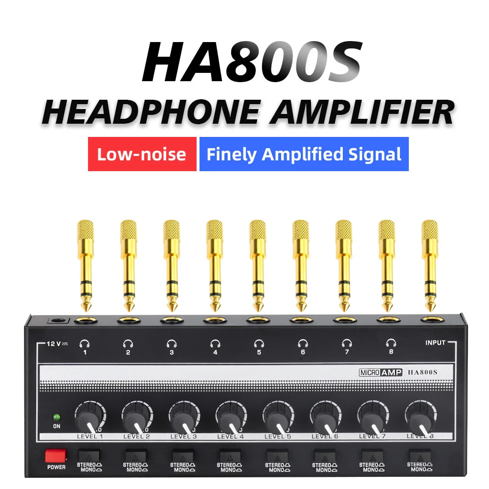AMPLIFICADOR DE Audio ultracompacto HA800S, Mini amplificador de auriculares estéreo de 8 canales con adaptador de corriente, 9 Uds., convertidor de 6,5 y 3,5mm