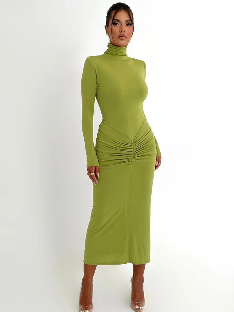 Mozision Elegant Turtleneck Long Sleeve Bodycon Maxi Dress Women Autumn Winter New Ruched Club Party Sexy Dress Vestidos