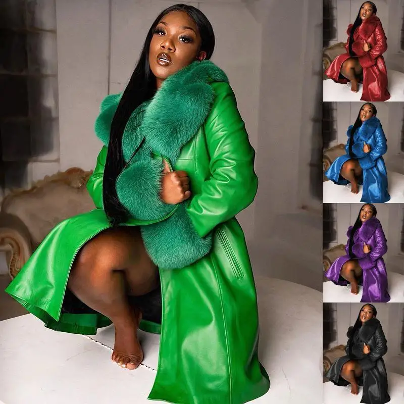 

Женское длинное пальто с меховым воротником на молнии, откидной воротник, кожаная куртка из искусственной кожи, подходящая для среднего возраста, обычная све