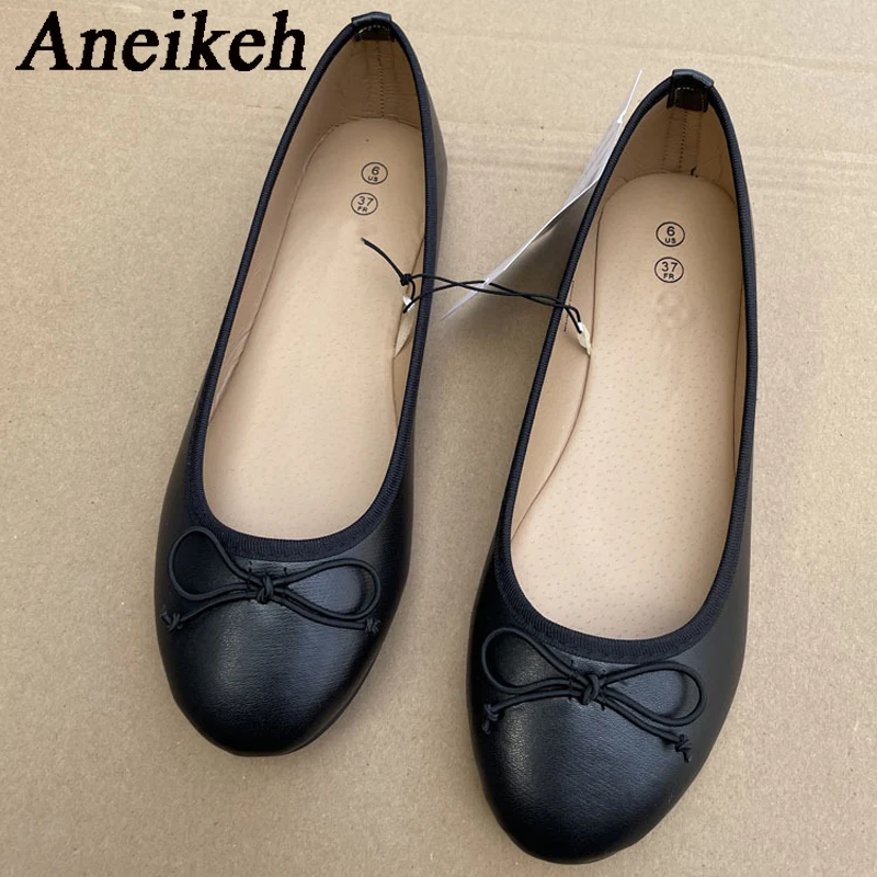 Aneikeh 2024 Summer Sweet Shallow Bow Ballet Flats Heel Ladies Loafers Shoes Fashion Slip-On Elegant Silk Ballet Mules black