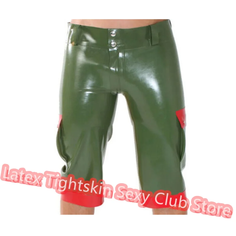 

Men Latex Pants Army Green with Red Sexy Fetish Shorts Handmade Underwear Club Wear for Men Cosplay Costumes
