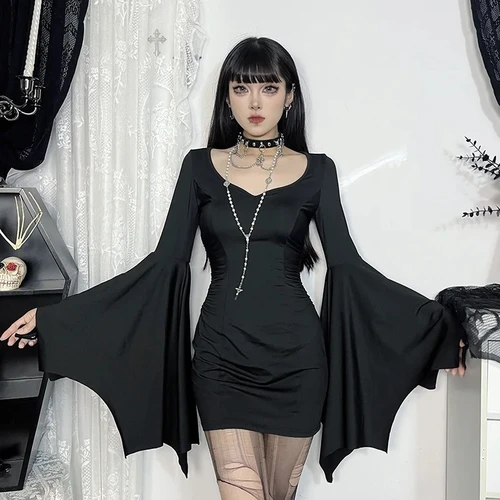 Imagen 1 del producto Vestido gótico oscuro para mujer, minivestido Vintage Cyber Punk estético con manga de murciélago y cuello en V, corsé de cintura alta para mujer