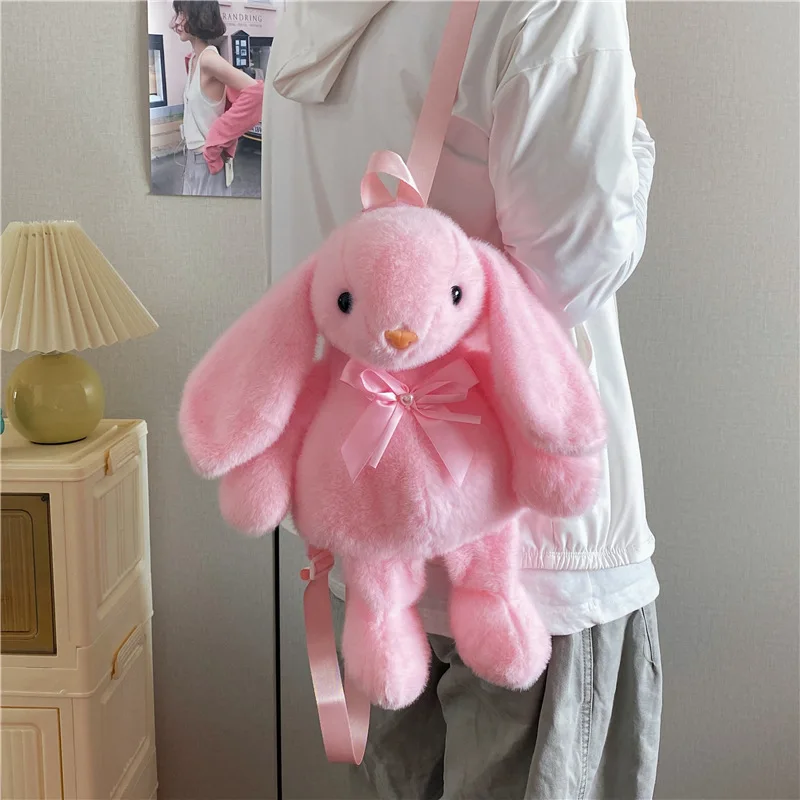 Cute Long-Ear Rabbit Plush Toy Backpack Cartoon Exquisite Versatile Bunny Bow Backpack Kawaii Girl Going Out Dress Up For Gift