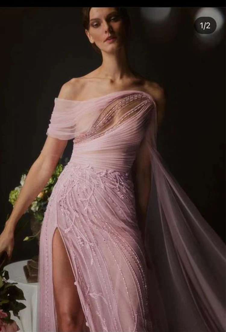 Hot Sale One Shoulder pink beaded long cape ساتين السهرة vestidos de fiesta  فساتين سهره evening dresses