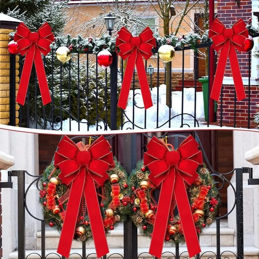 Red Christmas Bows Outdoor Decorations Large Christmas Tree Top Bow Velvet Wreath with Glitter Gold Edge Front Door Decoration