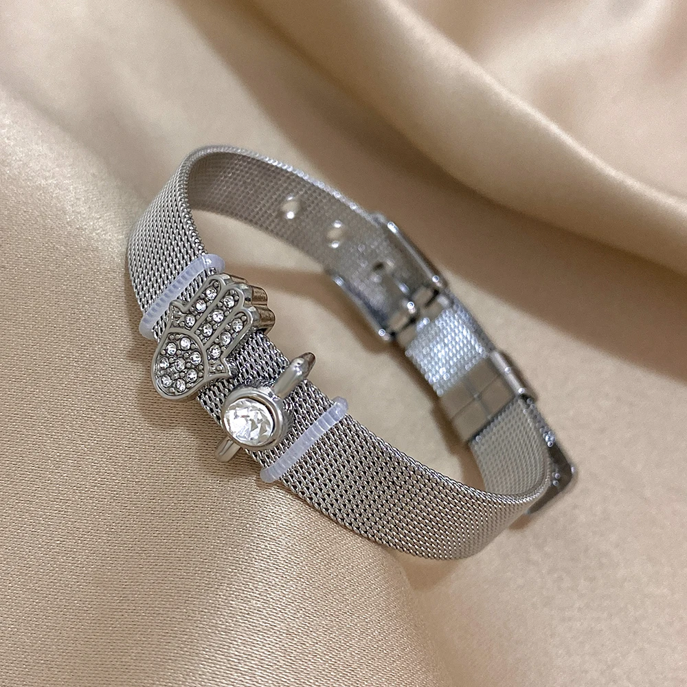 Stainless Steel Strap Couple Bracelet Palm Mesh Adjustable Bangle Bracelet for Women Men-Daily Wear,Valentine\'s Day Jewelry Gift