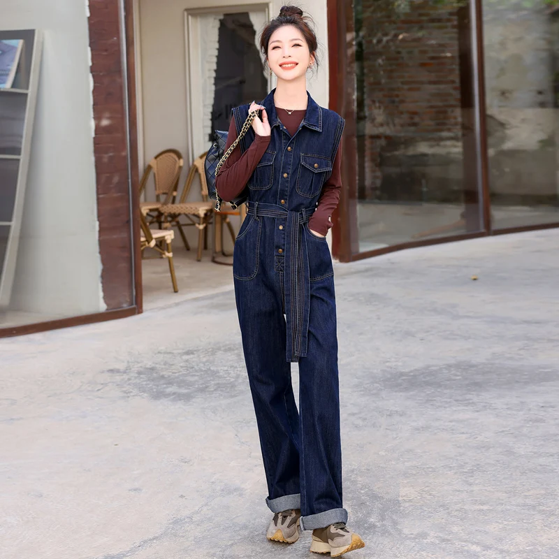 

Fall New Sle Two-Piece Set Top And Jumpsuit Pants Denim Faionable And Ele Ladies' Suit Casual Comfortable Size