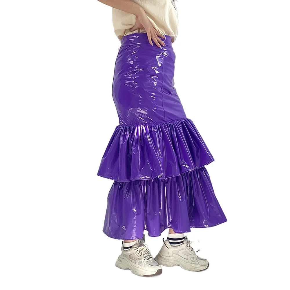 Ladies Elegant Party Midi Mermaid Skirts Ruffles Wetlook Clubwear High Waisted Slim Fit Trumpet Skrits PVC Faux Leather Clothing