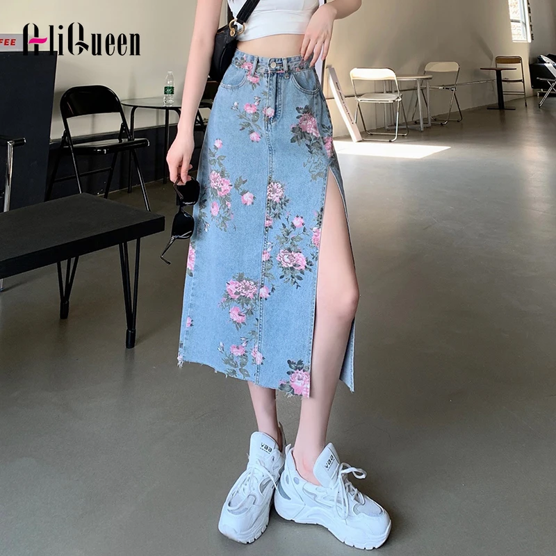 

Korean Women Summer Floral Print Denim Skirts Blue High Waist Casual Long Sexy Side Split Hip Jeans Skirts Womens Streetwear 5XL