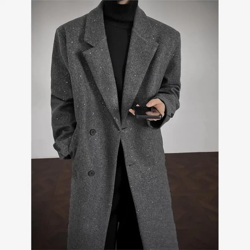 

Men's Woolen Coat oulder Padded Knee-Length Briti Sle Long Coat Autumn Winter Korean Sle Faionable Outerwear
