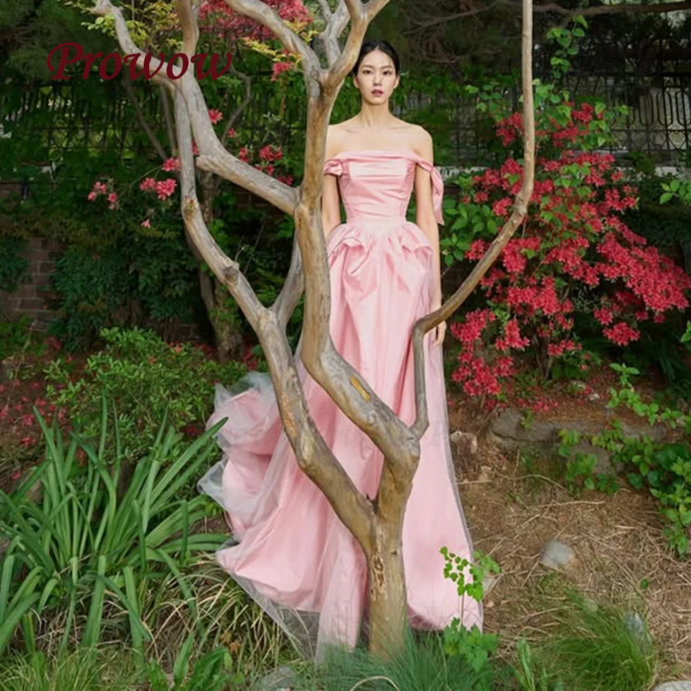 

Prowow Elegant Pink A Line Evening Dress Korea Wedding Photoshoot Off Shoulder Floor Length Prom Party Gown Corset Customized