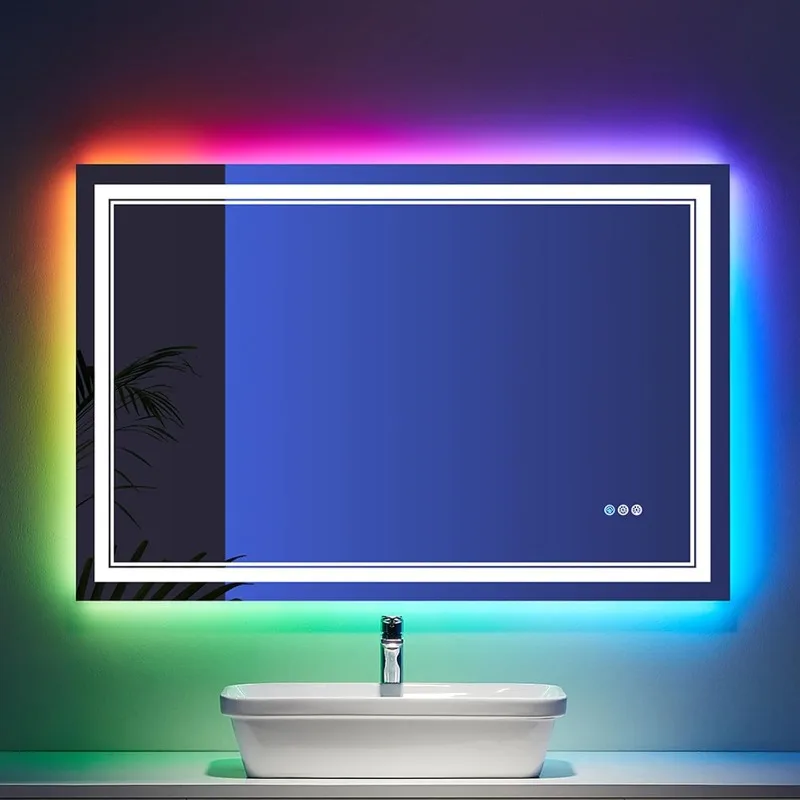 48x32 inch LED Lighted Bathroom Mirror,RGB Color Changing LED Mirror for Bathroom,Dimmable Anti-Fog Backlit Vanity Mirror