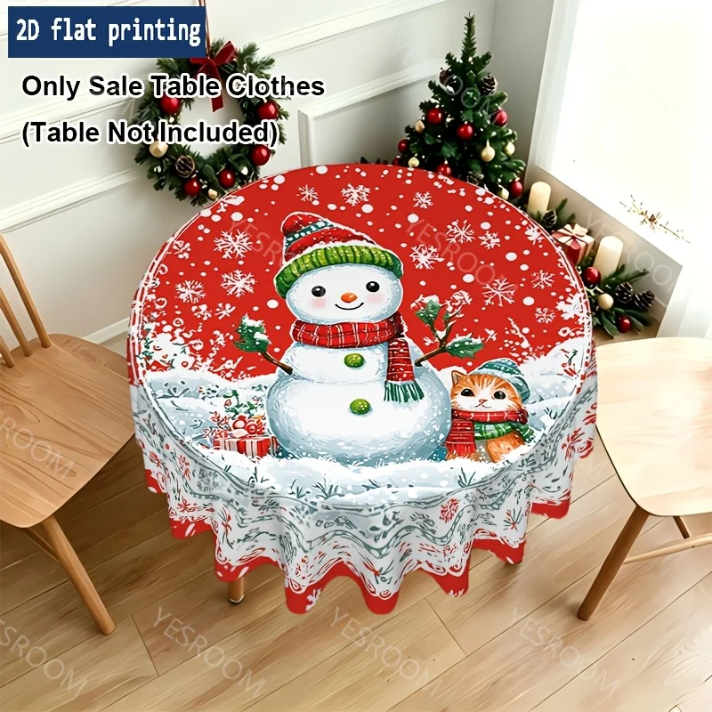 1 piece of 2D flat print Christmas round tablecloth, snowman kitten, red snowflake ring pattern design