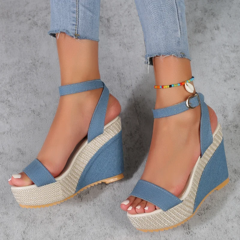 Women Wedges Denim Sandals Platform Heels Shoes Women Summer New Walking Slippers Fashion New Dress Beach Pumps Zapatillas Mujer