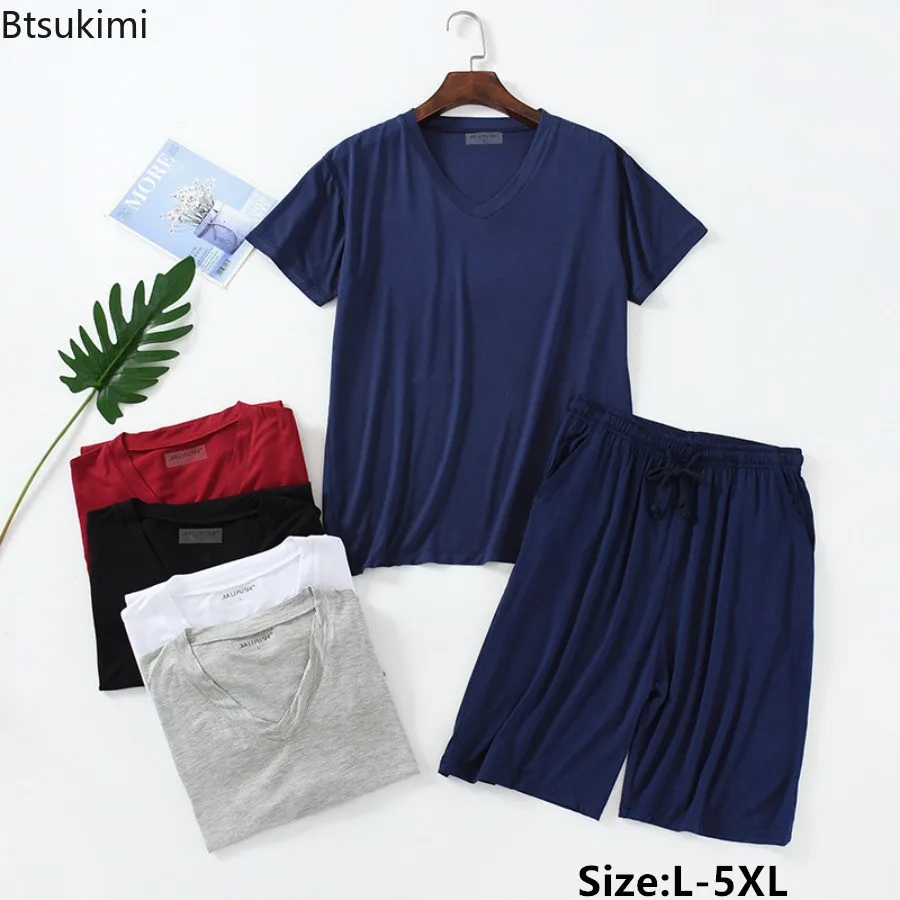 

2024 Men's Summer Modal Pajamas Sets V-neck Short Sleeve Pulloves and Shorts Sets Homewear Male Soft Loose Thin Sleepwear Sets