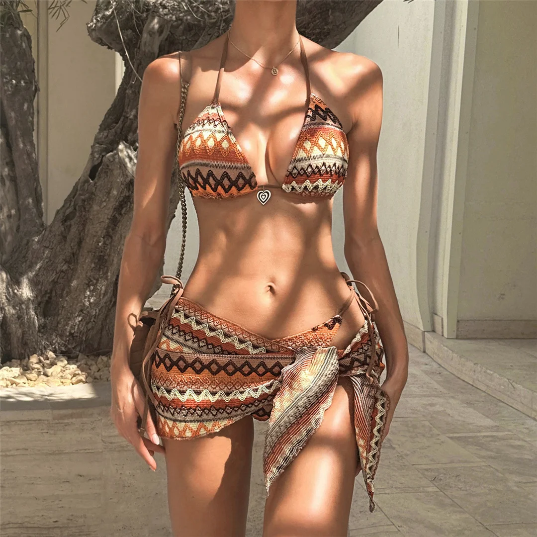 S - XL Bedruckter Bikini mit Sarong-Oberteil, Damen-Badeanzug, dreiteiliges Bikini-Set, Badebekleidung, Badeanzug, Modell V8059 – Detail 3