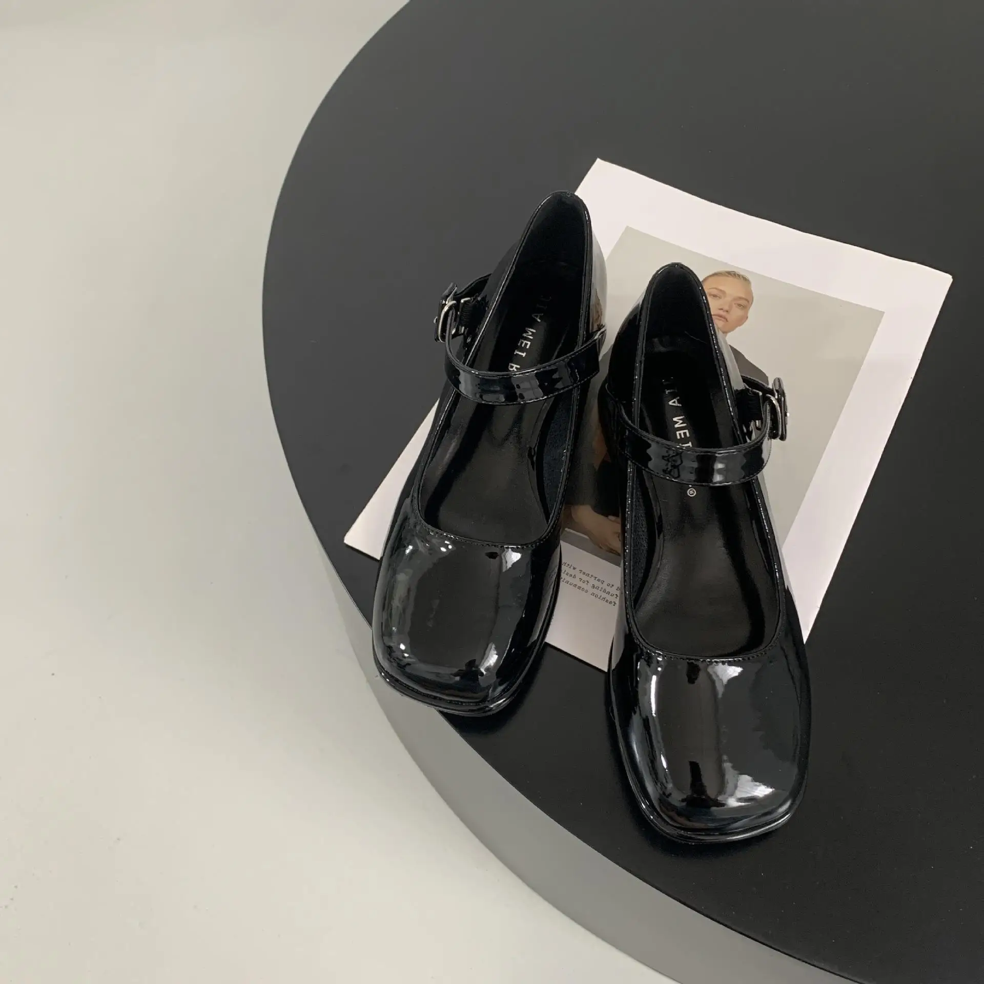 Black Patent Shoe Branded Pumps Casual Heels Sandals Ladies Mary Jane All-Match 2024 Square Toe Leather Fashion Comfortable Afri