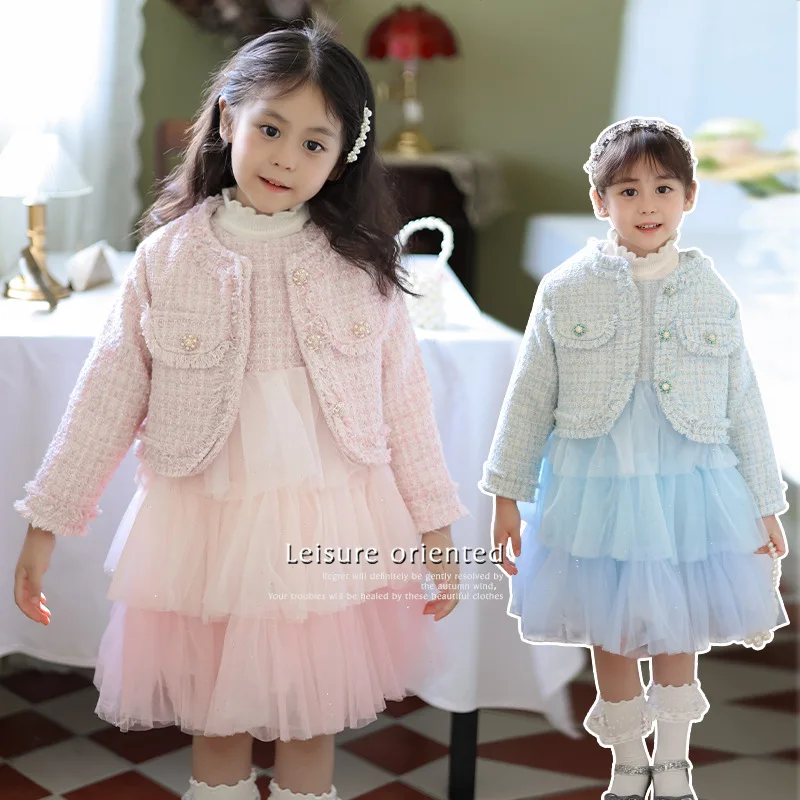 Sweet Outfits Kids Girls Clothes Sets Autumn Spring Children Beading Coat+ Tutu Dress Vintage Princess Outfits Suit 3-10 yrs