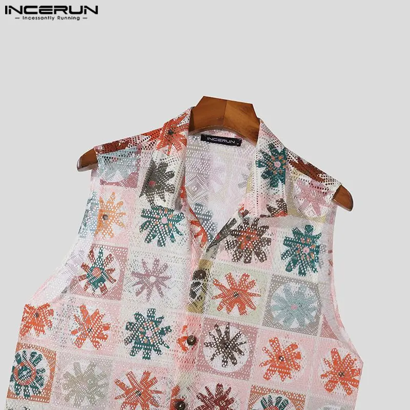 INCERUN Men Shirt Printing Lapel Sleeveless Hollow Out See Through Camisas Streetwear Summer 2024 Fashion Casual Men Clothing