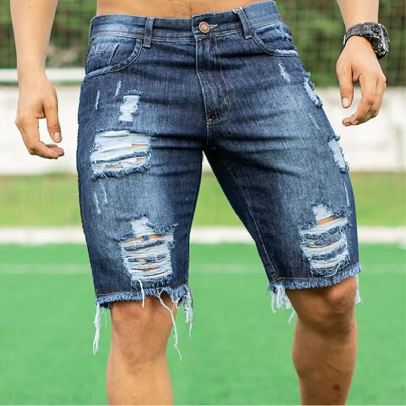 Summer Thin Ripped Denim Shorts Men\'s 5-cent Pants Korean Style Slim Trend 5-cent Pants Men\'s Mid-pants Summer Beggar\'s Breeches