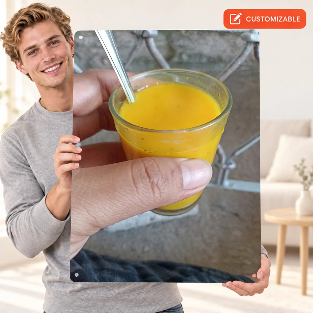 Hand Holding Glass Of Mango Juice Printed Poster Colorful Wall Art For Baking Corner Customized Aluminum Metal Sign Baker Gift